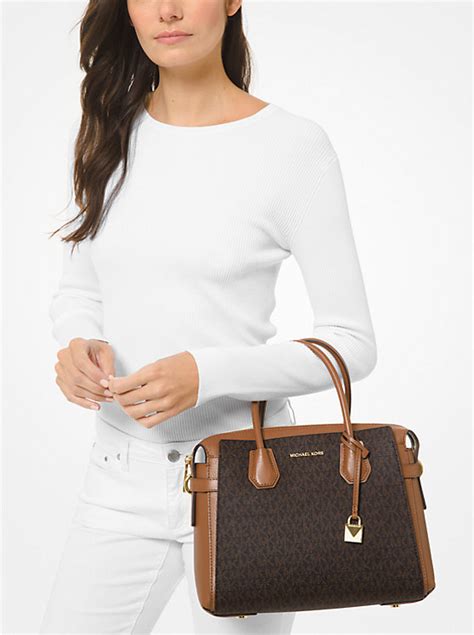 michael kors mercer black medium leather satchel|mercer medium logo belted satchel.